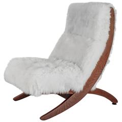 Oak Lounge Chair with White Sheepskin, USA, 1950s