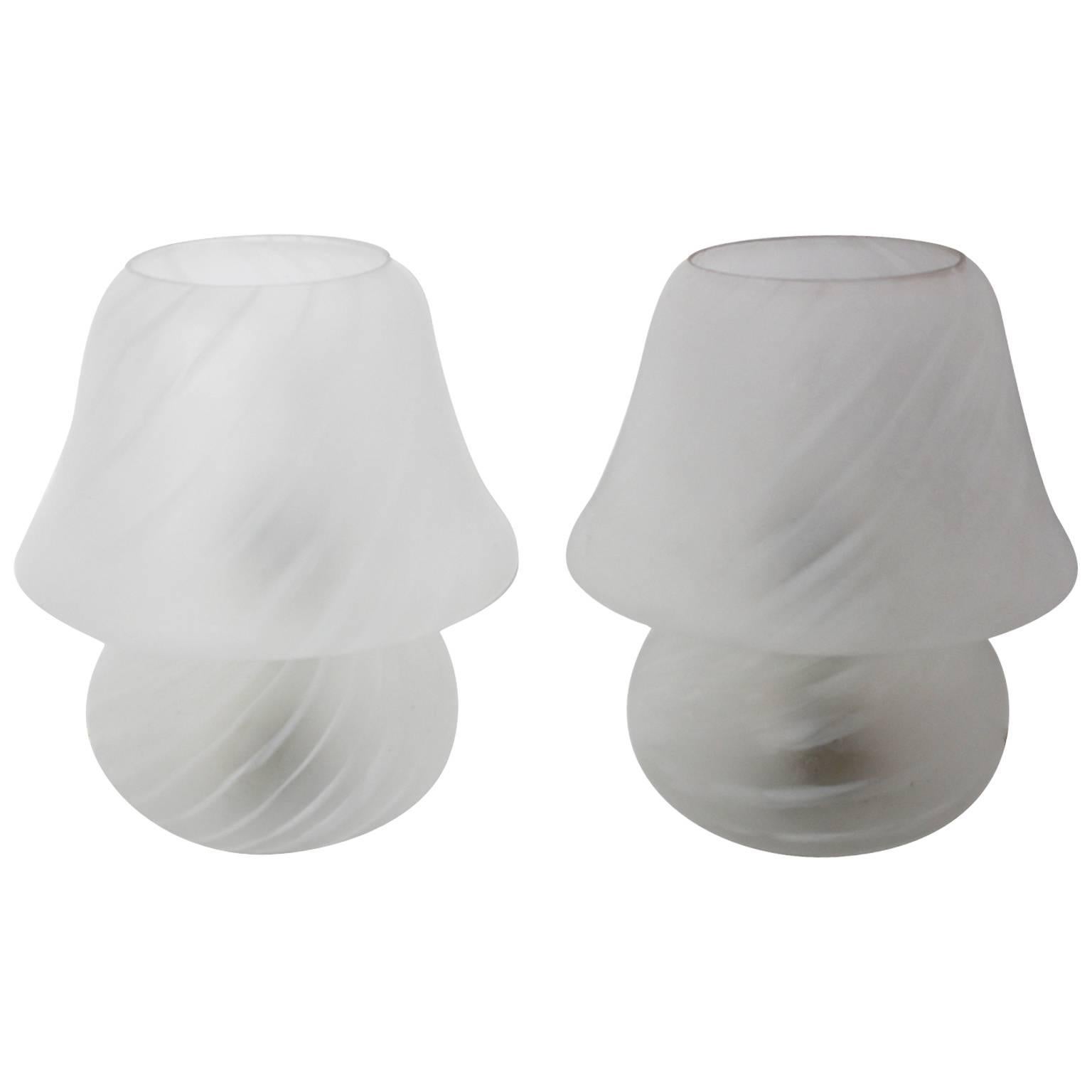 Mid Century Modern White Glass Vintage Murano Mushroom Table Lamps 1960s