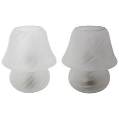 Mid Century Modern White Glass Retro Murano Mushroom Table Lamps 1960s