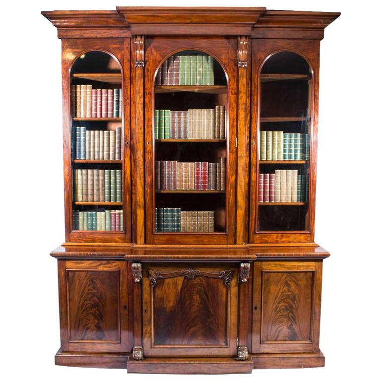 Antique Victorian Flame Mahogany Breakfront Bookcase, circa 1860 at 1stDibs