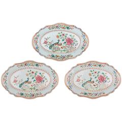 Set of Three Chinese Porcelain Famille Rose Oval Dishes Peacocks, 18th Century