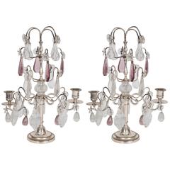 Pair of French Silver Girandoles with Clear and Amethyst Crystal Drops