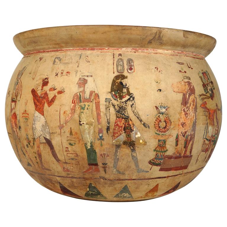 Egyptian Revival Pottery Bowl Planter Painted with Egyptian Figures at