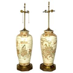 Large Pair of Satsuma Painted Lamps with Figures