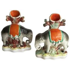 Antique English Staffordshire Pottery Near Pair of Elephant Spill Vases