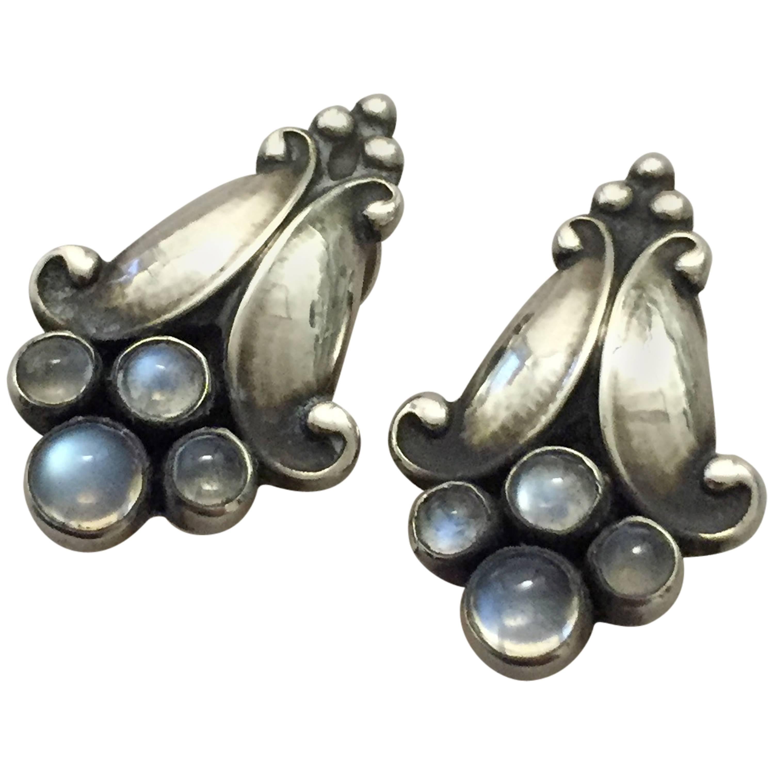 Georg Jensen Sterling Silver and Moonstones Earclips
