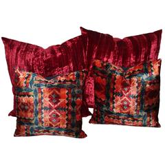 Amazing Red Silk Velvet and Multicolored Pattern Velvet Pillows 1
