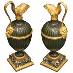 French Patinated and Gilded Bronze Ewers Pair Louis XVI Period