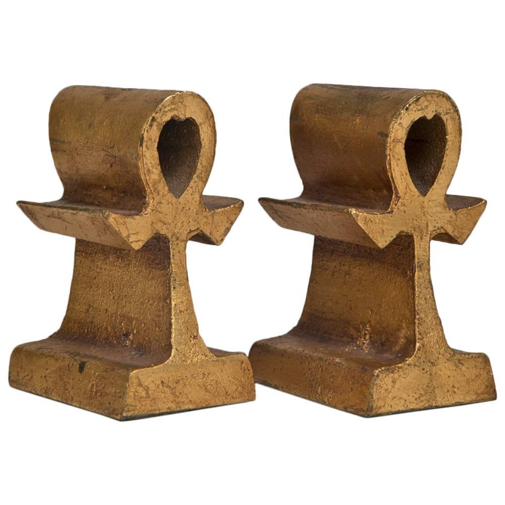 Pair of Celtic Cross Gold Leaf Bookends by Curtis Jere, 1969 For Sale