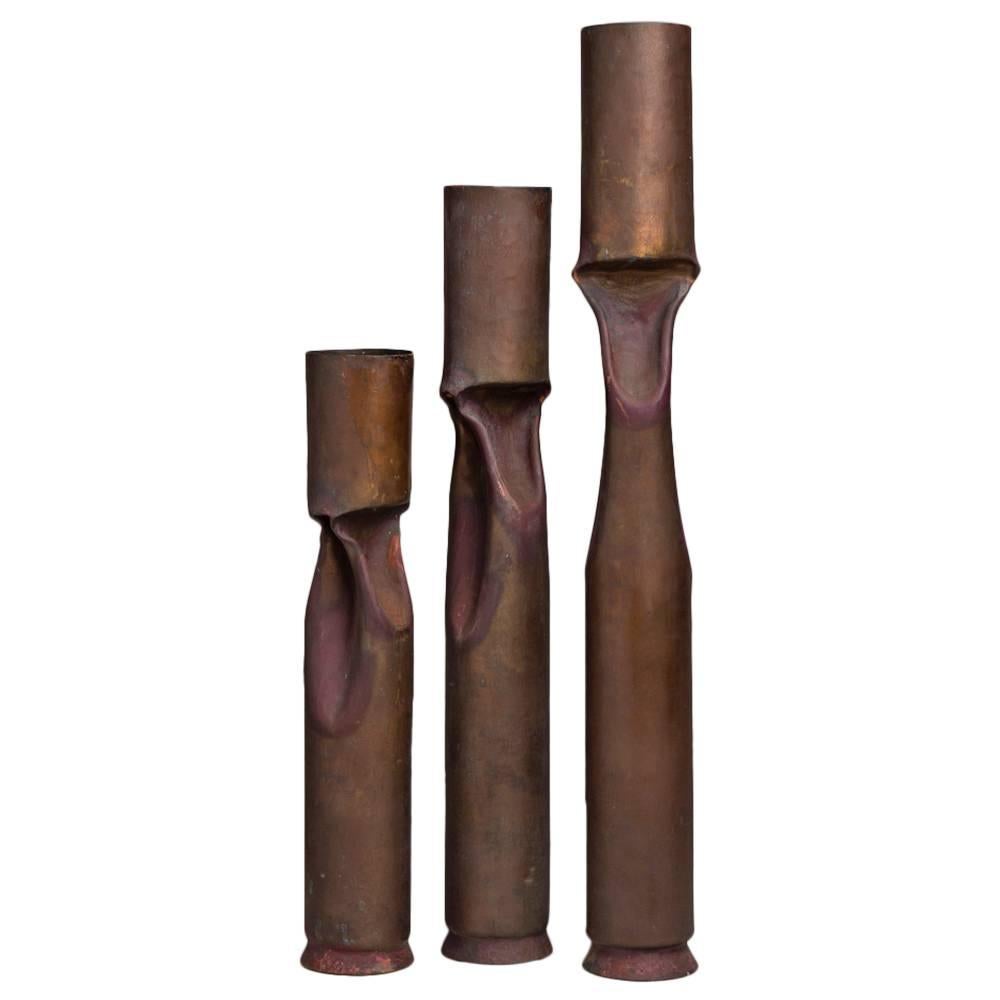 Set of Three Oversized Brutalist Copper Vases, Stamped