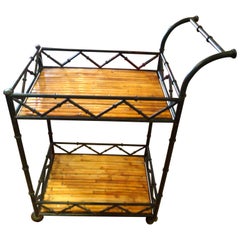 Fabulous and Rare Black Iron and Rattan Bar Cart