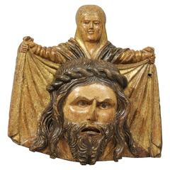 Wooden Bas Relief of St. Veronica Holding her Veil with Christ's Face 10