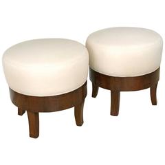 Pair of Round 19th Century Walnut Poufs with Upholstered Seats, Italy