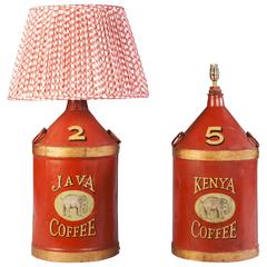 Antique Pair of Early 20th Century Red Coffee Canister Lamps 