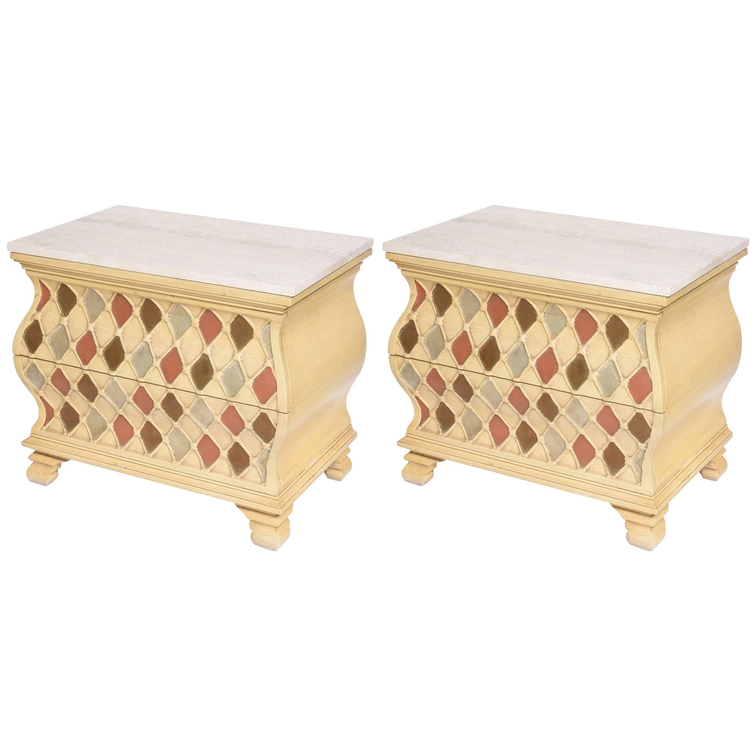 SALE! SALE! SALE! Pair of "Harlequin" Bombay Chests, Travertine Tops STUNNING For Sale