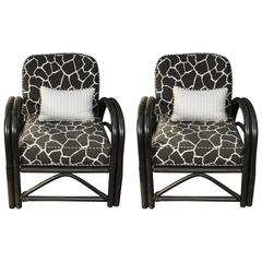 Pair of 1960s Outdoor Art Deco Painted and Bent Bamboo Armchairs Giraffe Fabric