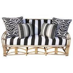 1960s Modern Bent Bamboo High Life Outdoor Three-Seat Sofa, Bengal Stripe Fabric