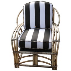 1960s Outdoor Bamboo Framed Armchair with Round Back Arms Bengal Striped Cushion