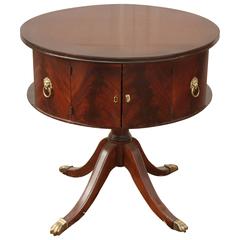 1930s English Round Mahogany Pedestal Table with Brass Lion Pulls and Feet