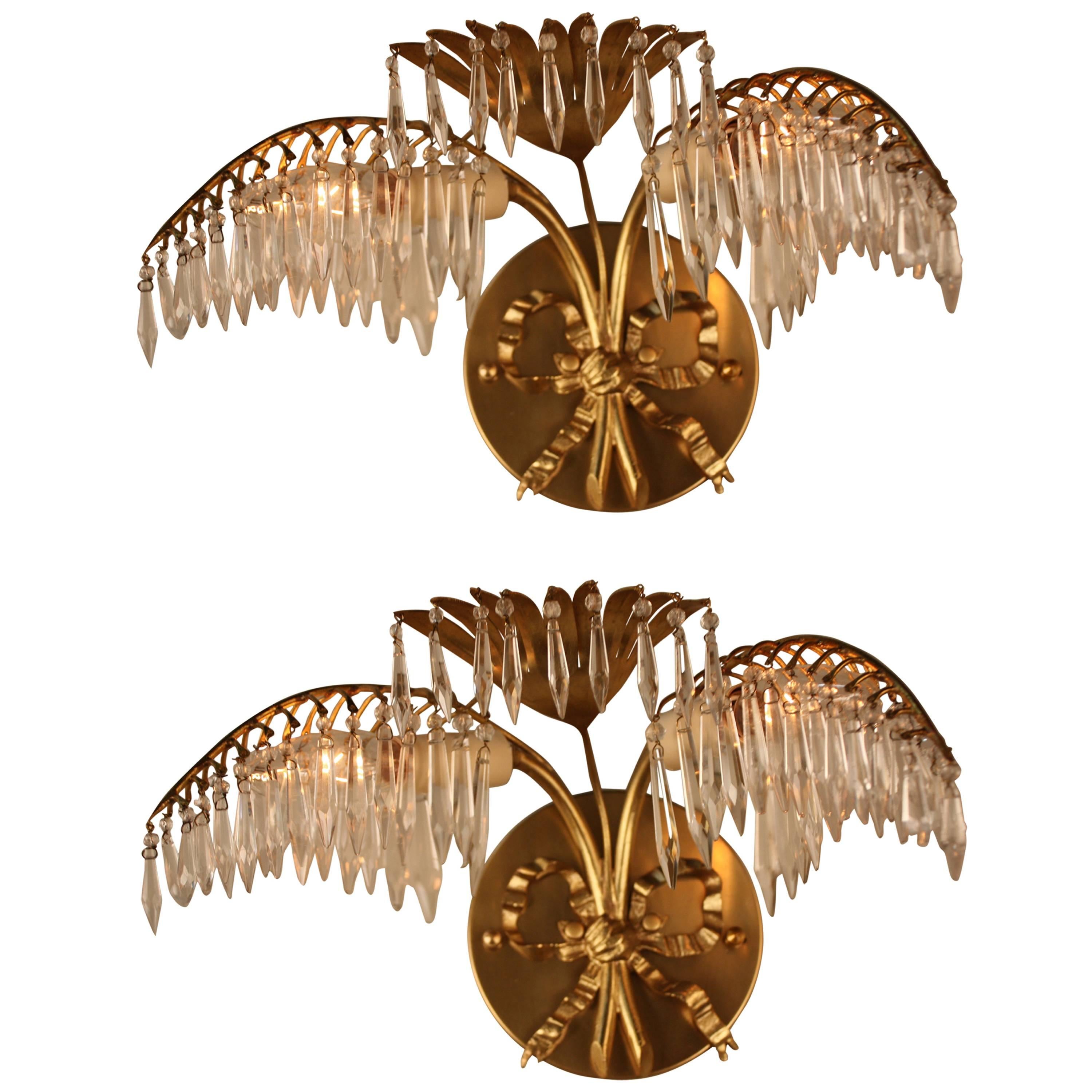 Pair of Petite Bronze and Crystal Palm Tree Wall Sconces by Bagues