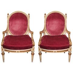 Pair of Italian Louis XVI Style Painted and Parcel-Gilt Oval Back Armchairs