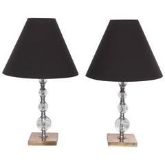 Pr. of American Art Deco Vanity Lamps in Brass, Polished Chrome and Glass