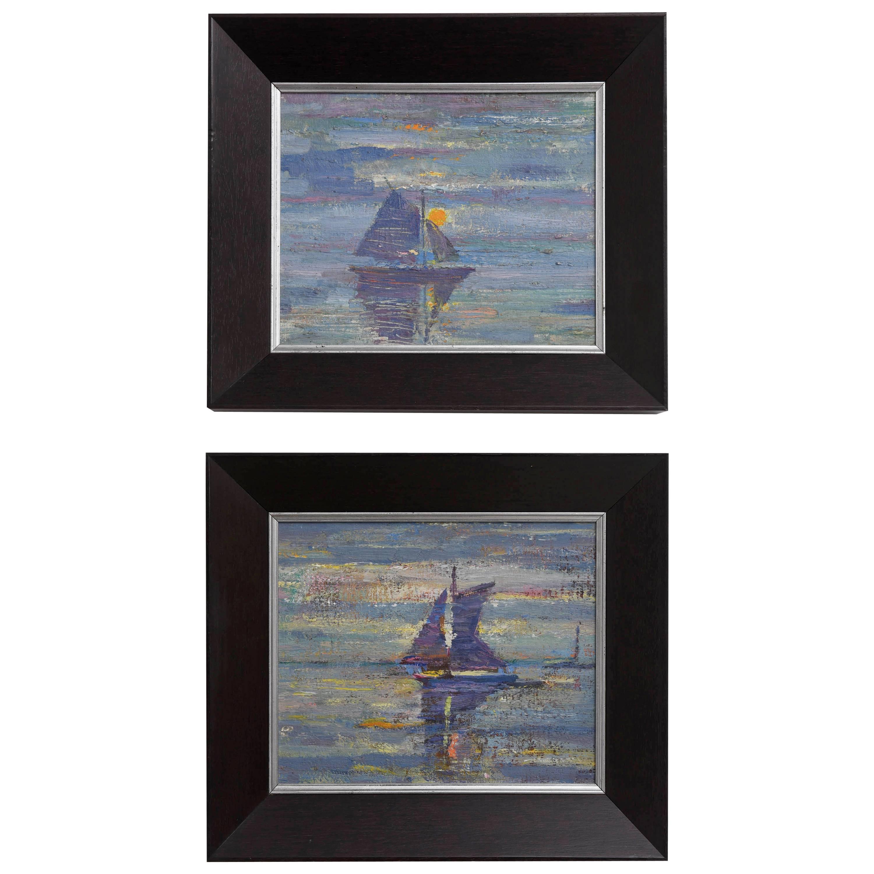 Paire de peintures impressionnistes américaines de voiliers du milieu du siècle dernier, de style moderne