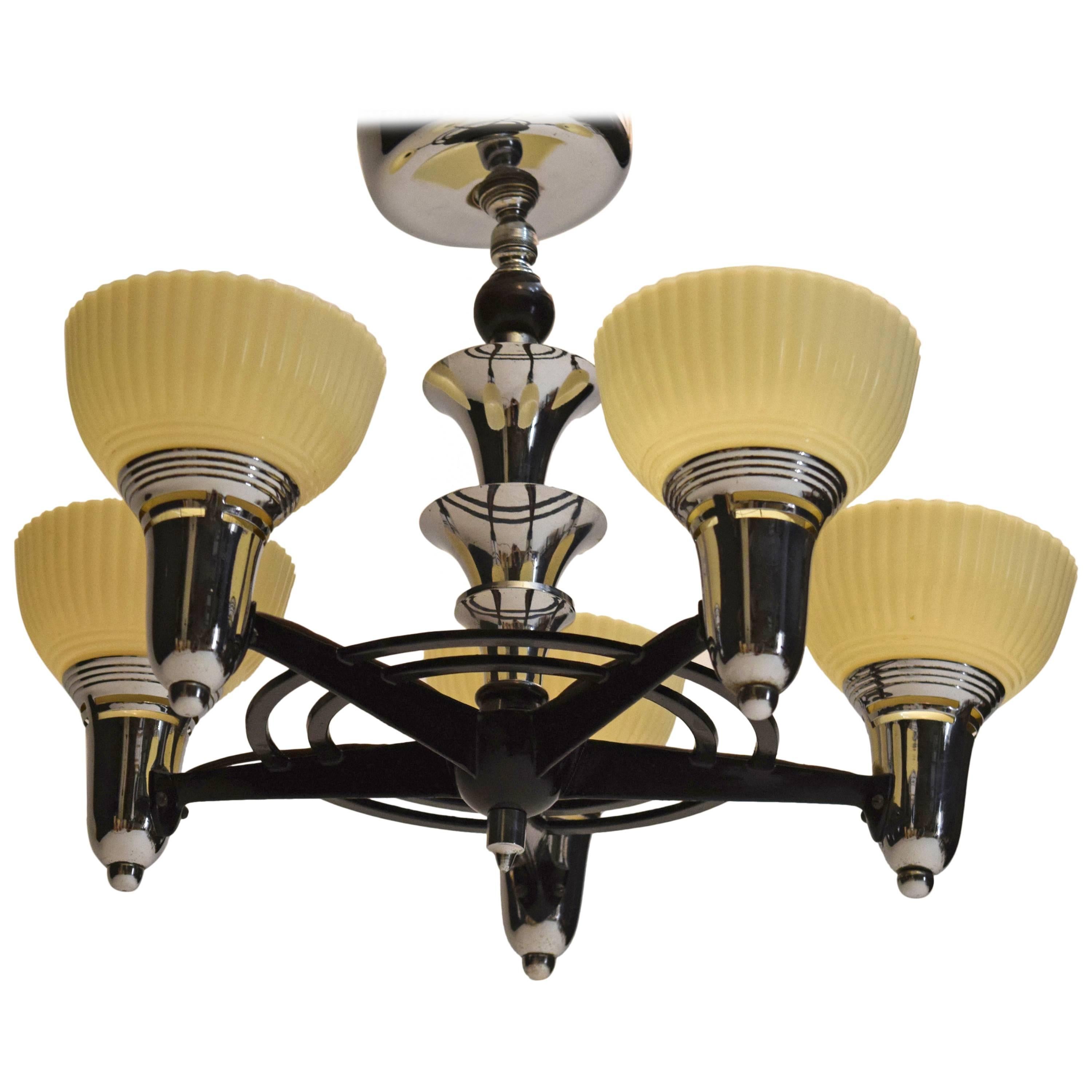 Streamline Machine Age Lightolier Chandelier Starburst, circa 1920s Signed