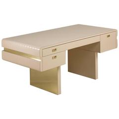 Pace Attributed Pedestal Based Brass and Ivory Mica Wrapped Desk, 1970s 9