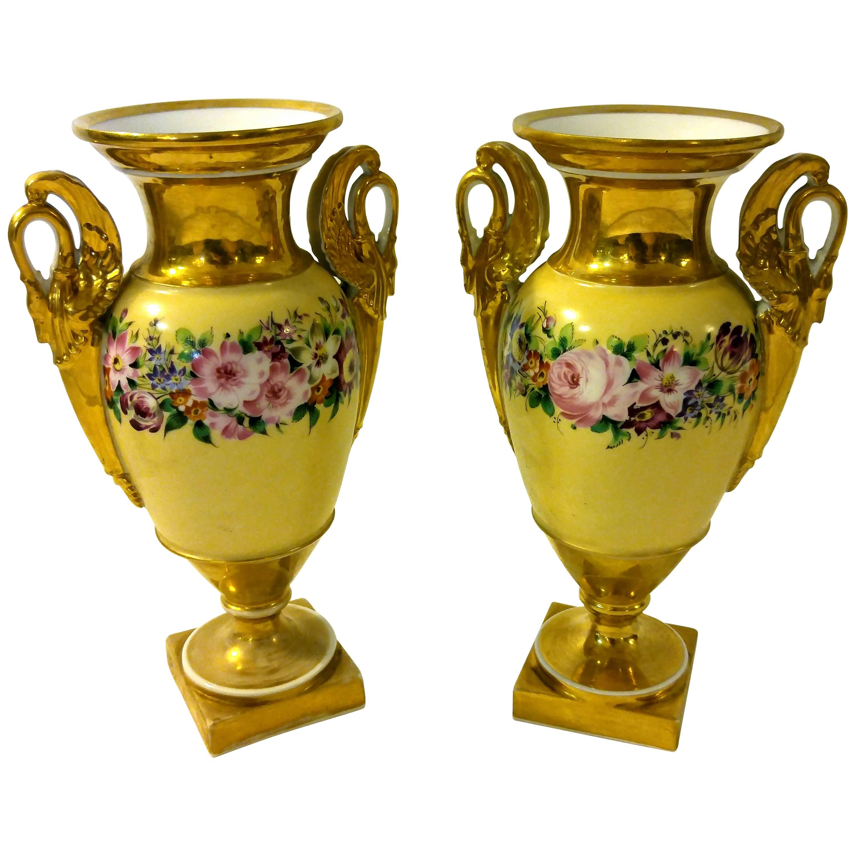 19th century Old Paris Porcelain Urn Pair with Swan Handles For Sale