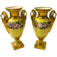 19th century Old Paris Porcelain Urn Pair with Swan Handles