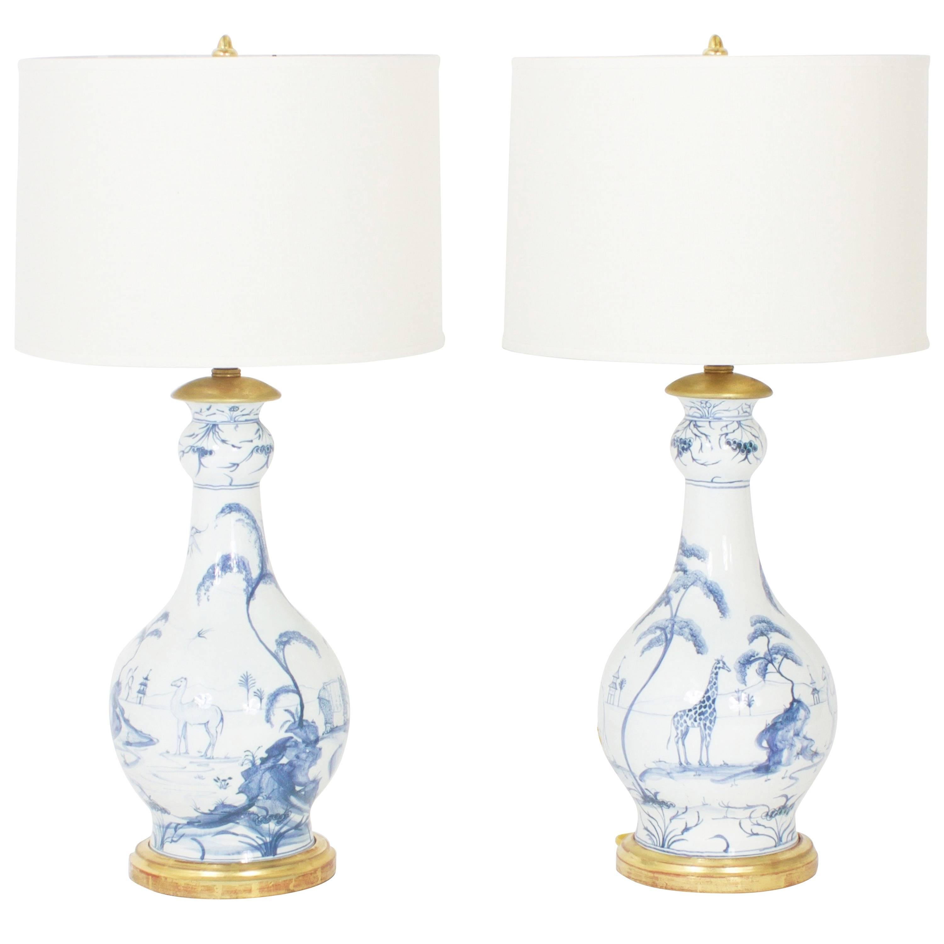 Pair of Blue and White Tropical or Safari Motif Porcelain Table Lamps 