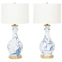 Vintage Pair of Blue and White Tropical or Safari Motif Porcelain Table Lamps 