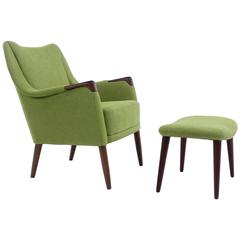 Stylish Danish Modern Armchair and Ottoman with Teak Accents