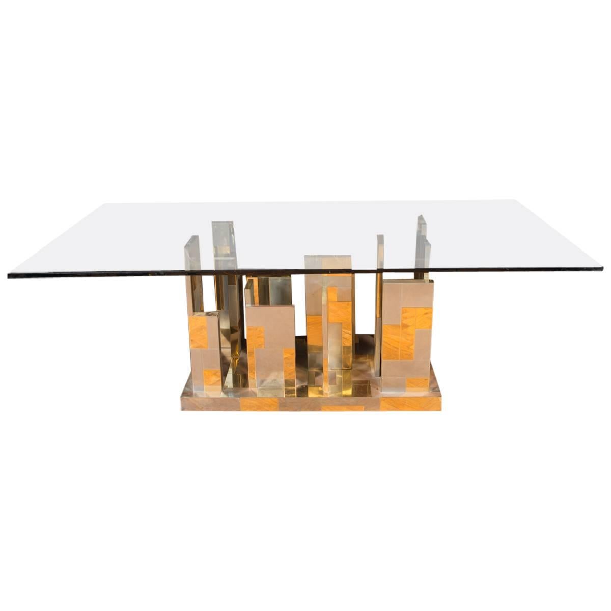 Large Mid-century Modern Paul Evans Cityscape Brass Chrome and glass Table 