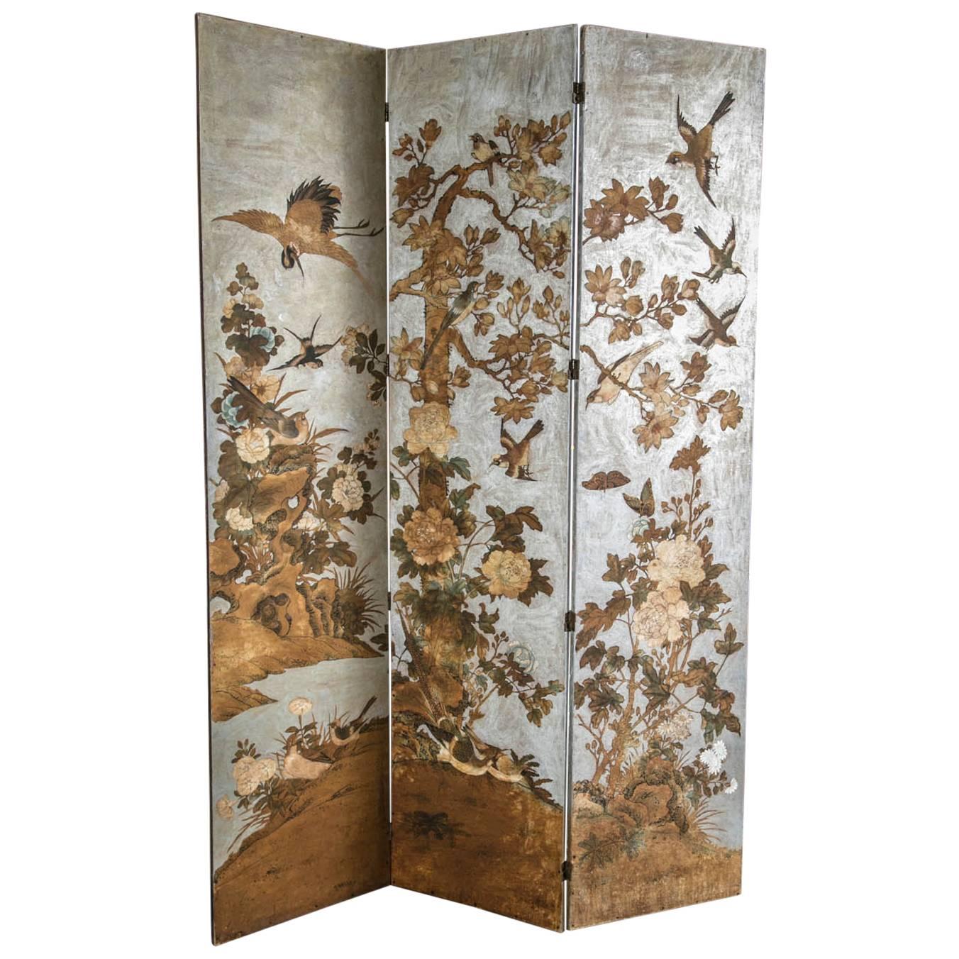 Hand-Painted Three-Panel Screen