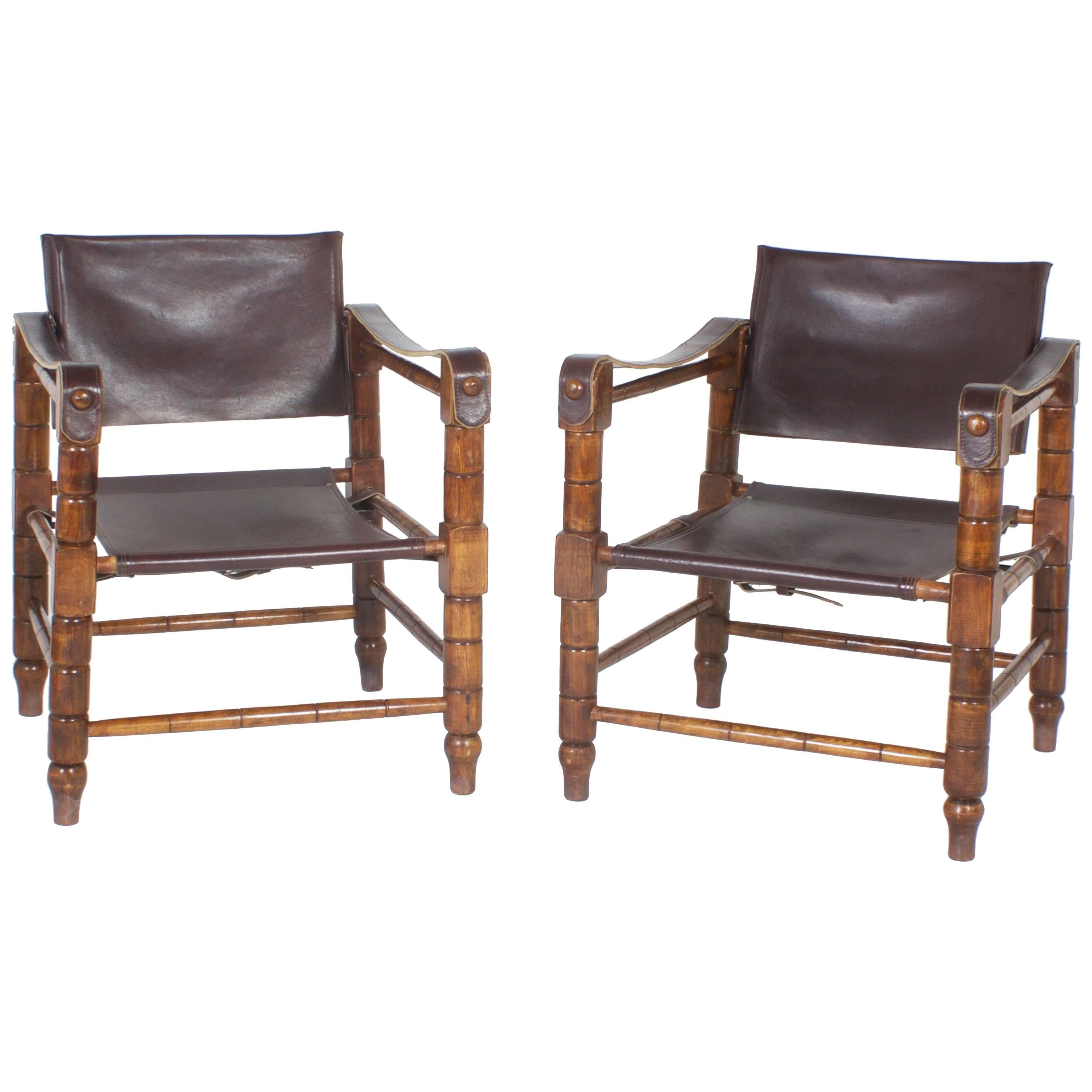 Handsome Pair of Brown Leather Campaign or Safari Chairs 
