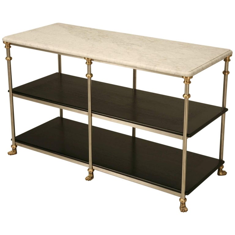 French Industrial Style Kitchen Island, Stainless Steel and Bronze with Paw Feet For Sale