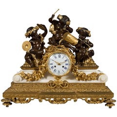 French Antique Ormolu Patinated Bronze and Marble Mantel Clock