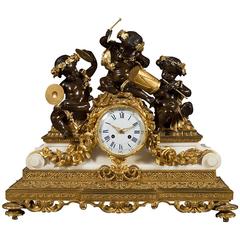 French Antique Ormolu Patinated Bronze and Marble Mantel Clock 1