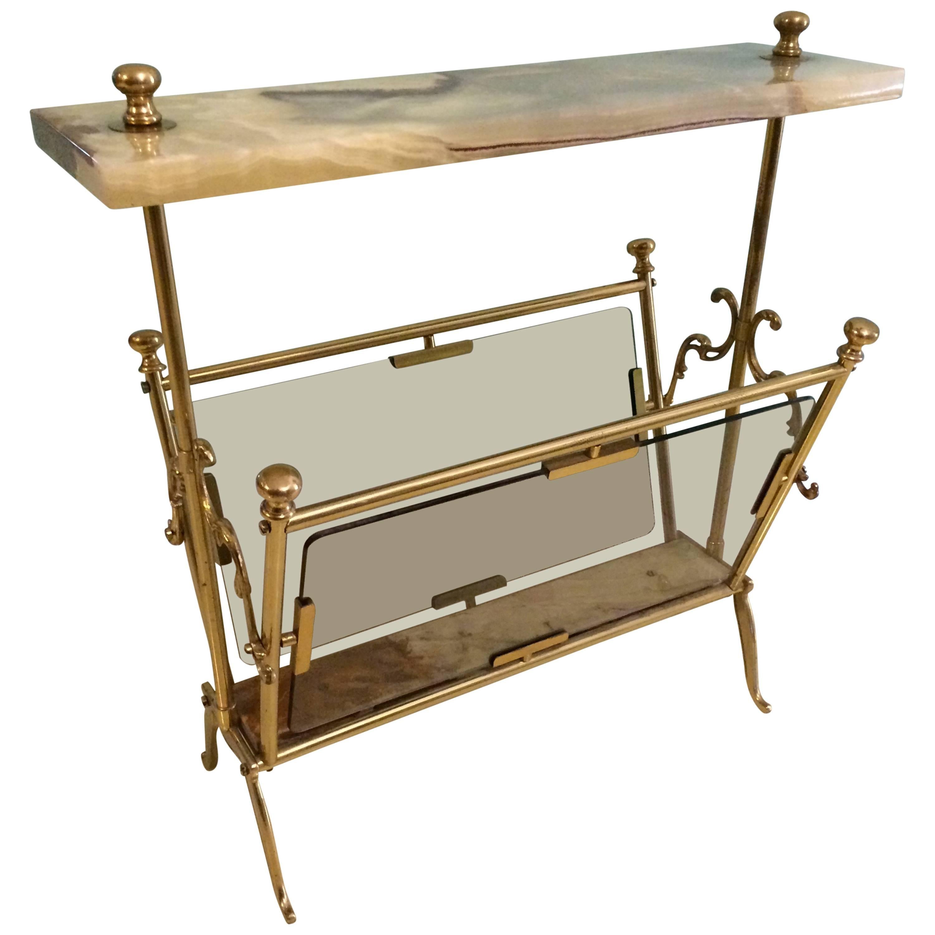 French Brass Magazine Rack with Marble Table