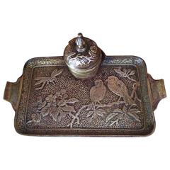 Vintage Brass Ink Well Tray with Birds, Foliage