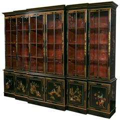 George III Style Chinoiserie Decorated Black Japanned Breakfront Bookcase