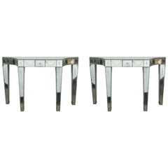 Fine Pair of Custom Quality Etched and Mirrored Hollywood Regency Console Tables