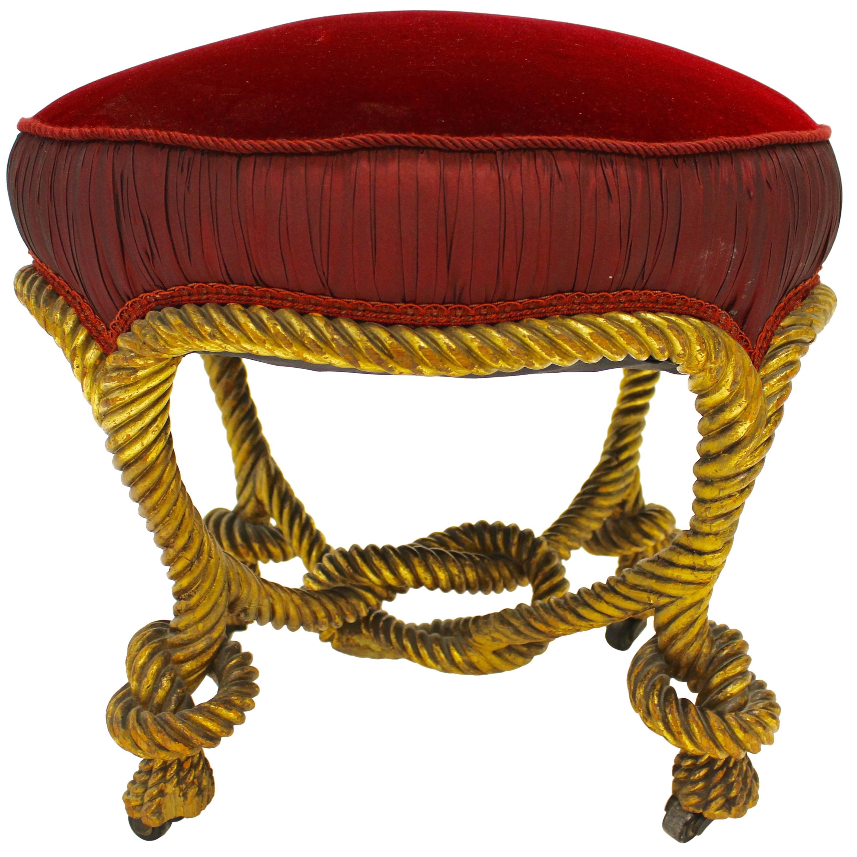 French Napoleon III Style Giltwood Rope Stool with Circular Red Velvet Seat For Sale