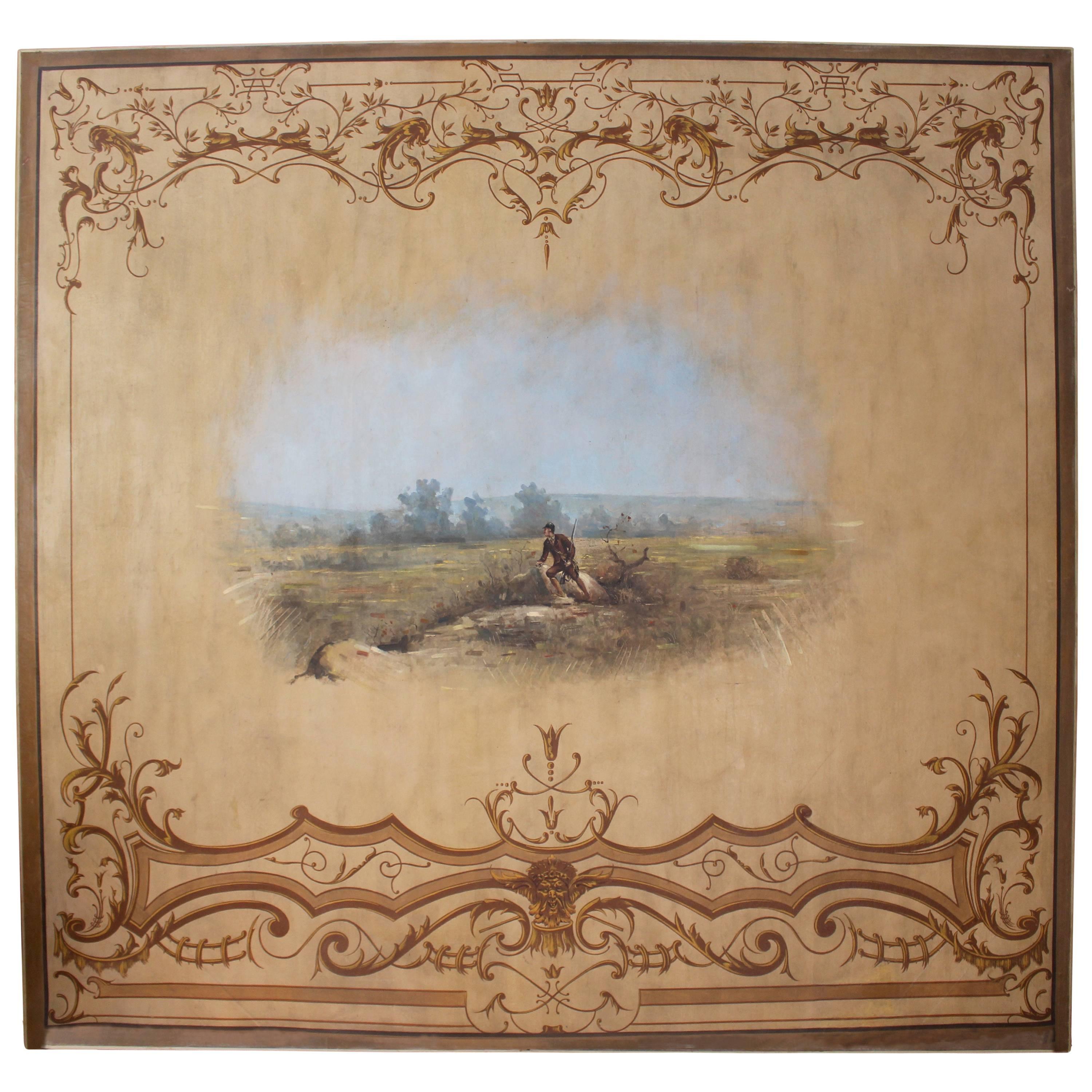 Large French Painted Panel with a Countryside Scene Framed by Arabesque Designs For Sale