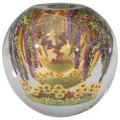 Chris Heilman Round Art Glass Vase with Wisteria and Flowers