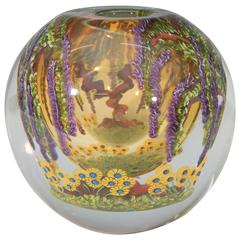 Chris Heilman Round Art Glass Vase with Wisteria and Flowers 12