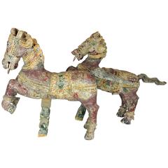Antique Pair of South Asian 19th Century Polychrome and Wood Temple Horses