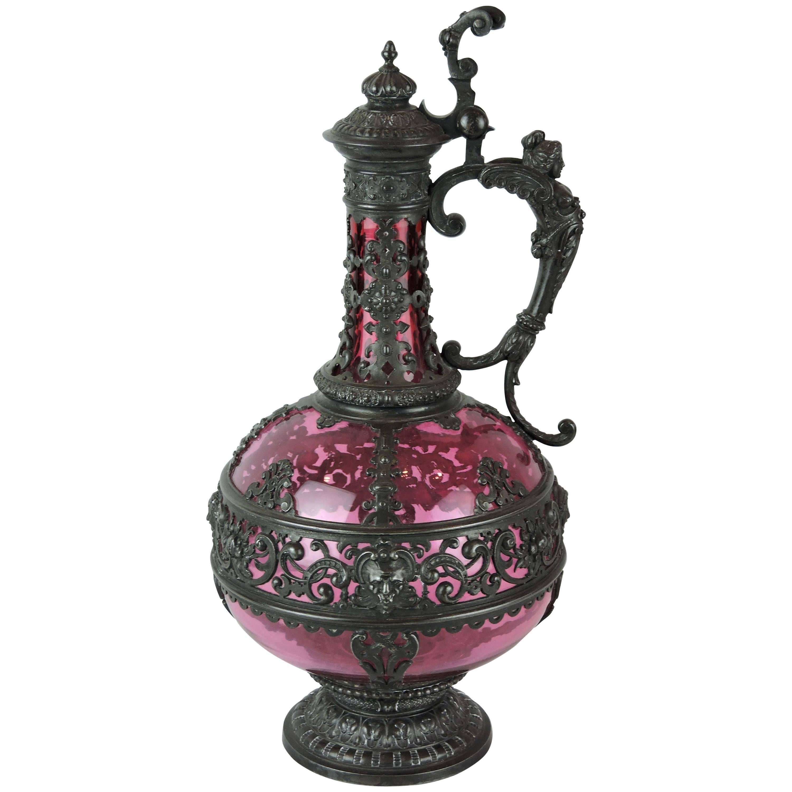 19th Century Continental Cranberry Glass and Metalwork Pedestal Ewer, circa 1870 For Sale